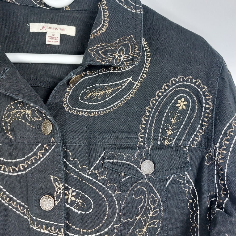 JM Collection Black Denim Blazer Jacket Paisley Gold Silver Stitching Wms 12 - Picture 4 of 6